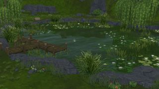 A well-established Sims 4 pond, with trees, fish, and various wildlife