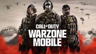 Trois opérateurs se tiennent côte à côte sur un fond rouge et brun. La mention "Call of Duty Warzone Mobile" est imprimée en bas de l'image.