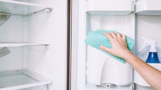 cleaning inside a fridge with soapy water and cloth