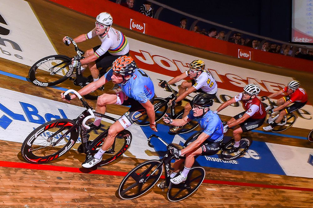 Riders compete in the Madison during the opening night of the Gent Six day