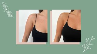 Two images of Woman and Home's beauty assistant's chest and arms showing before and after results of the Coco & Eve fake tan. The left image shows a more pale skin tone with visible appearance of veins, The image on the right shows a the same arm but darker with veins concealed