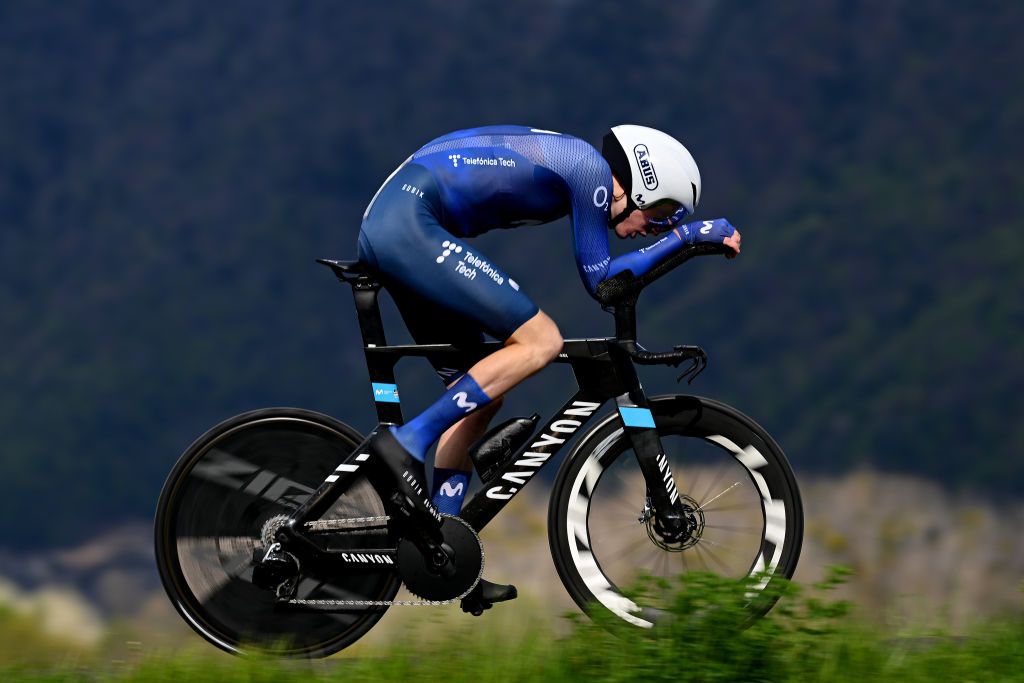 PORTVALAIS SWITZERLAND APRIL 25 Matteo Jorgenson of The United States and Movistar Team sprints during the 76th Tour De Romandie 2023 Prologue a 682km stage from PortValais to PortValais UCIWT on April 25 2023 in PortValais Switzerland Photo by Dario BelingheriGetty Images