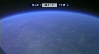 This view from daredevil Felix Baumgartner's Red Bull Stratos capsule shows a slightly exaggerated view of the curvature of Earth and the black of space from nearly 75,000 feet during his attempt to make the world's highest skydive on Oct. 14, 2012.