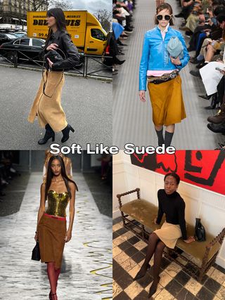 A collage of four suede-skirt images with the words "Soft Like Suede" on it.