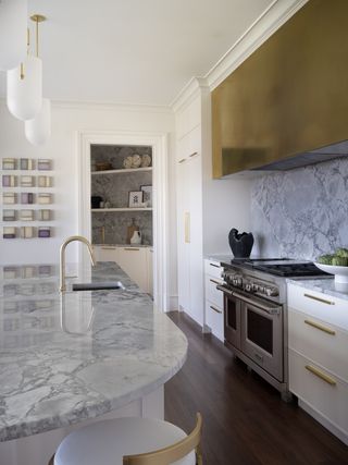 a modern kitchen with crown molding around cooker hood