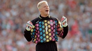 GOTHENBURG, SWEDEN - JUNE 26: Peter Schmeichel of Denmark celebrates during the UEFA European Championships 1992 Final between Denmark and Germany held at the Ullevi Stadium on June 26, 1992 in Gothernburg, Sweden. (Photo by Billy Stickland/Allsport/Getty Images)