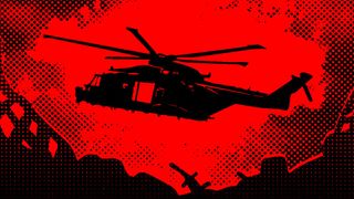 Zombies, Run! artwork - a helicopter in red and black flies over an apocalyptic landscape