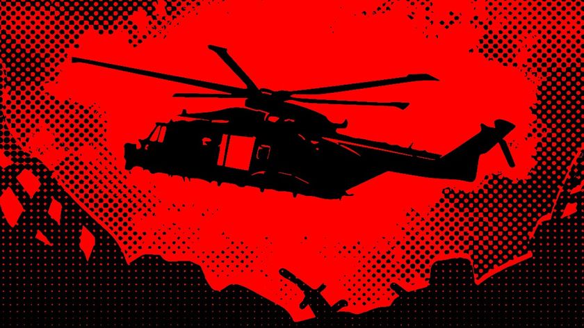 Zombies, Run! artwork - a helicopter in red and black flies over an apocalyptic landscape