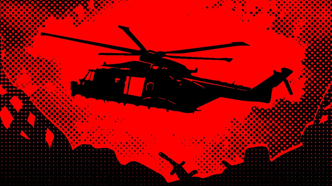 Zombies, Run! artwork - a helicopter in red and black flies over an apocalyptic landscape