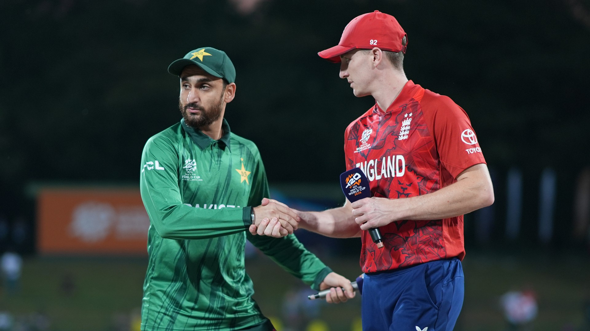 Harry Brook of England and Salman Ali Agha of Pakistan interact ahead of the ICC Men's T20 World Cup India &amp; Sri Lanka 2026 Super 8 match