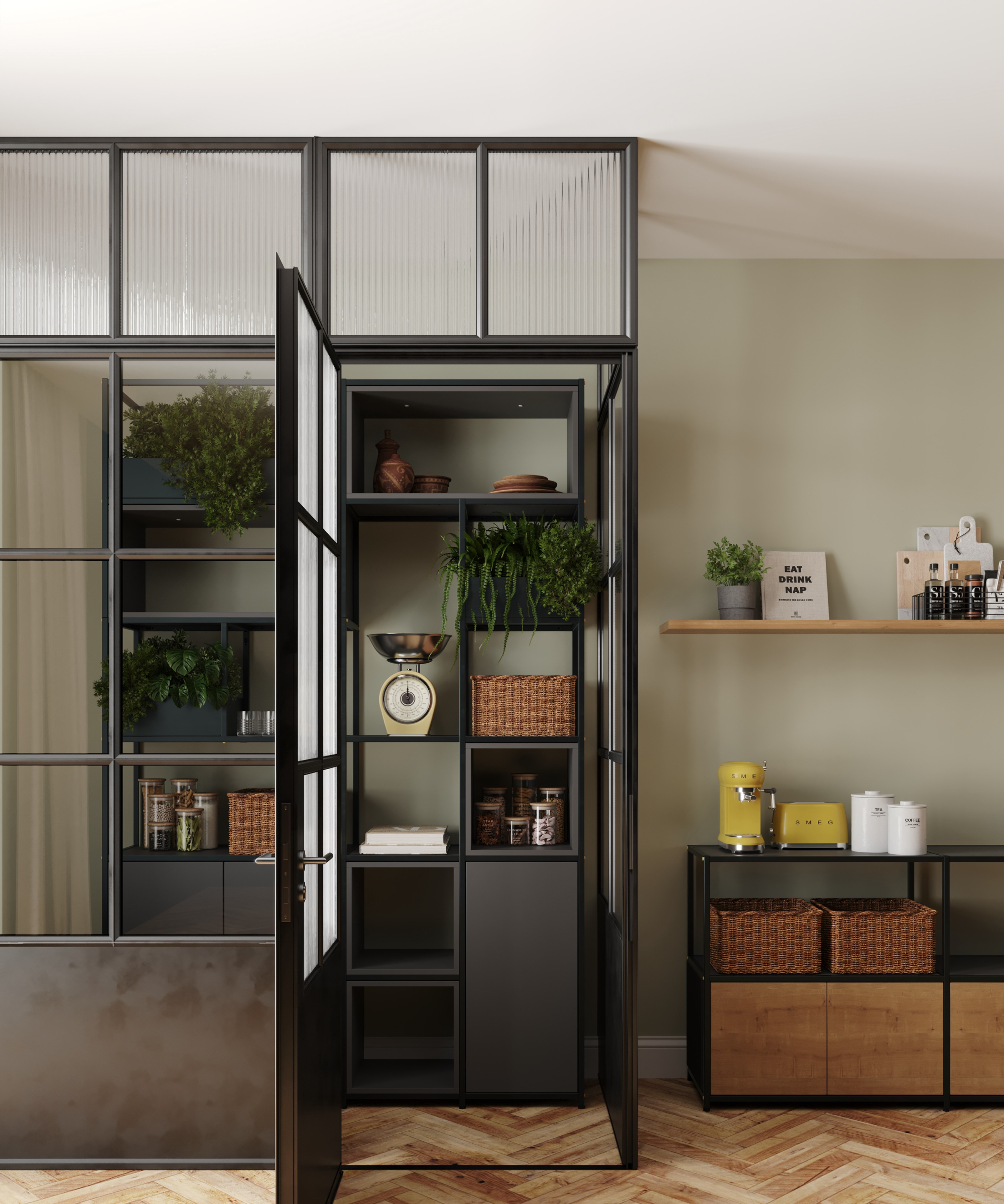 pantry style storage behind glass and metal partitions in corner of room