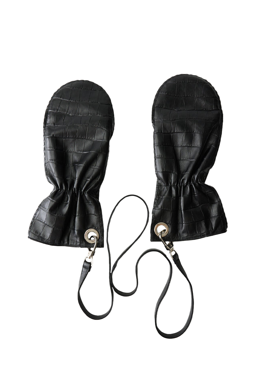 Crocodile Embossed Leather Mittens - Black / Os / Af25cl0210