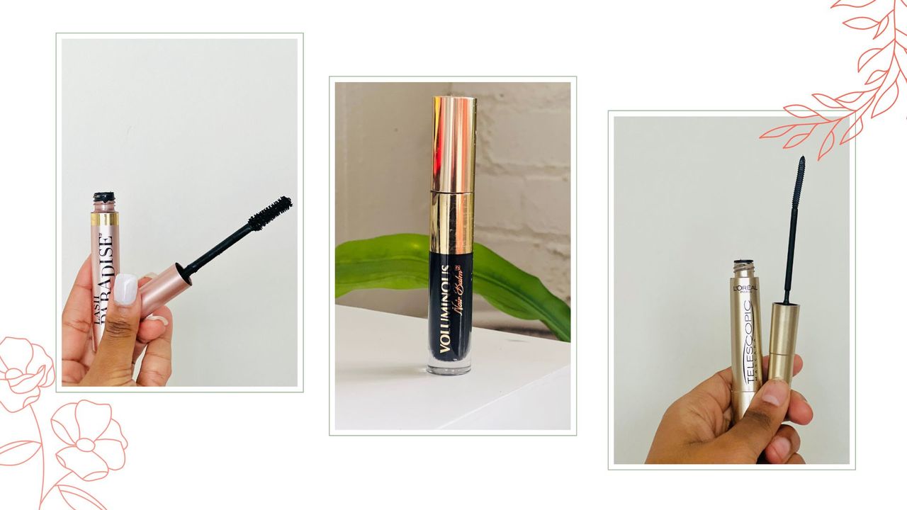 Three of the best drugstore mascaras by L&#039;Oreal in a collage background.