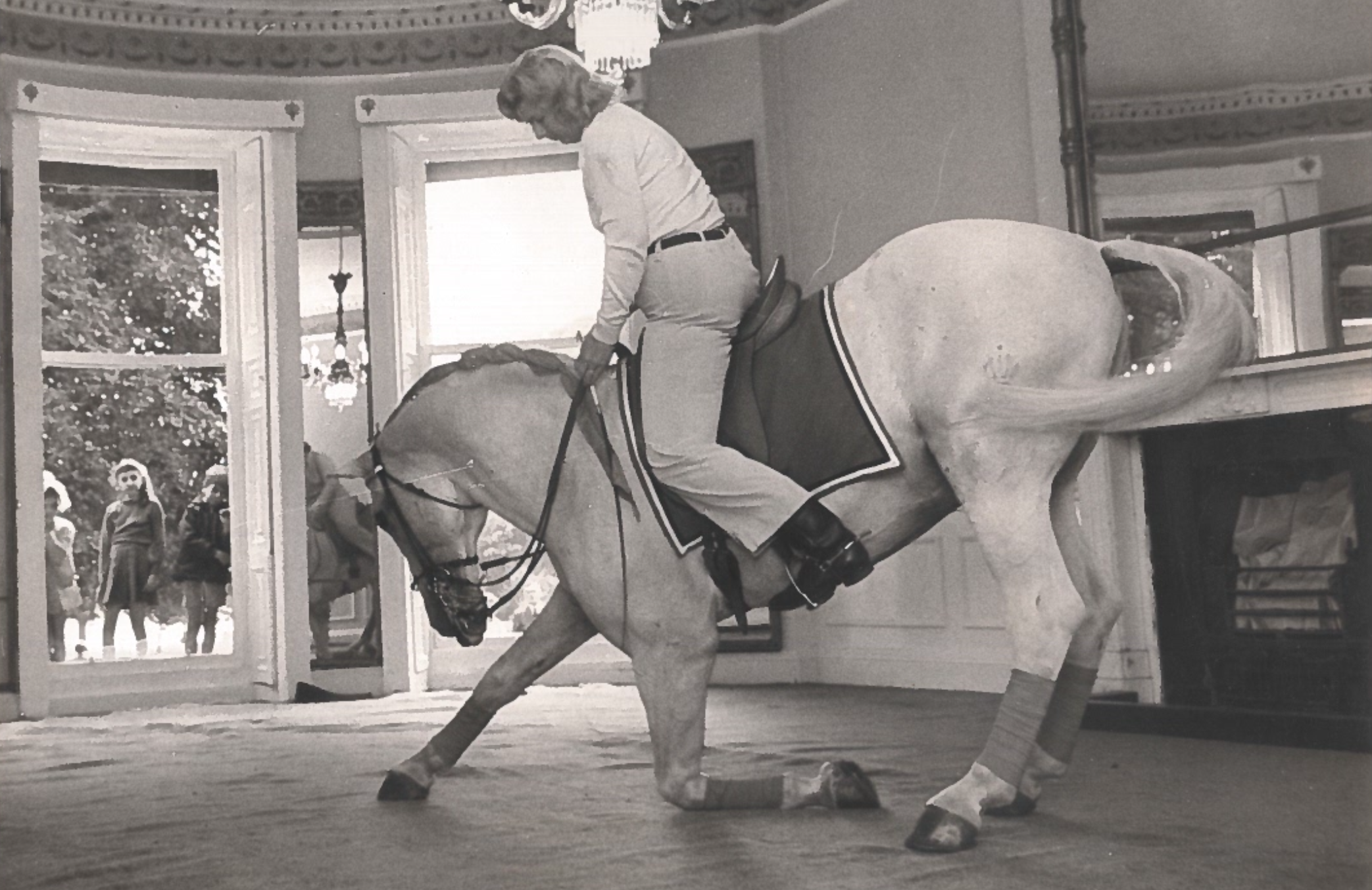 A rider on a bowing horse in a sitting room