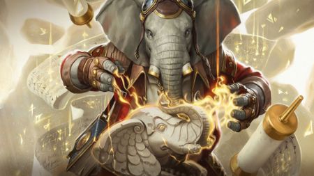 Quintorius, a loxodon wizard, casts a spell on an elephantine statue