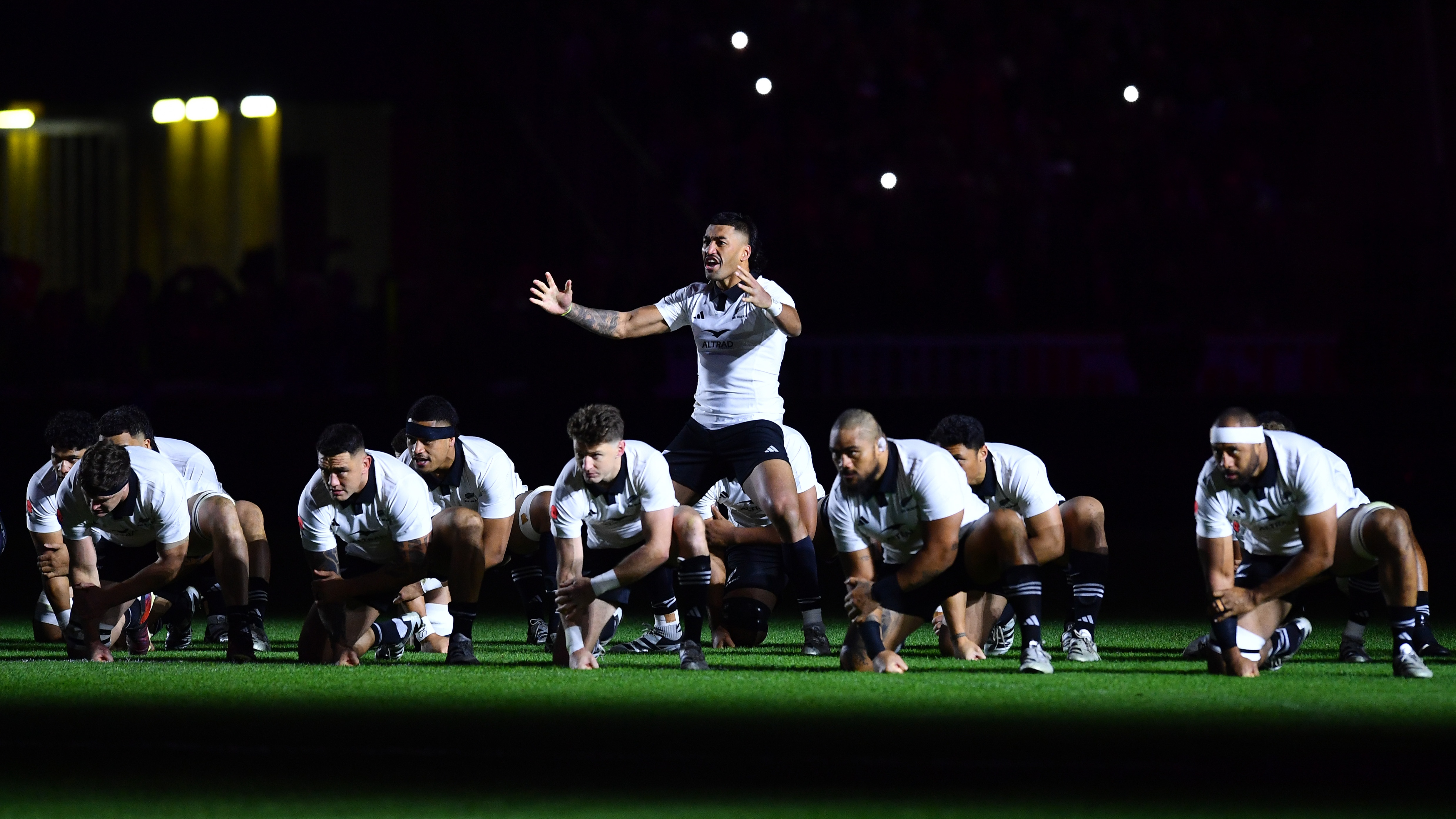 Rieko Ioane of New Zealand leads the Haka prior to kick-off ahead of the Autumn Nations Series 2024 match between France and New Zealand at the Stade de France on November 16, 2024 in Paris, France. 