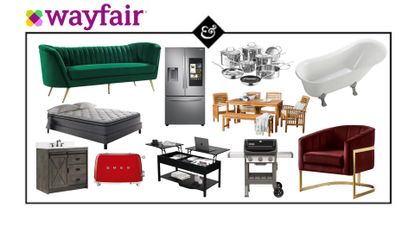 A composite image of Way Day deals, showing furniture, a bathtub, a grill, a chair, a coffee table, a fridge, and other sale items. The Wayfair logo is in the top left corner