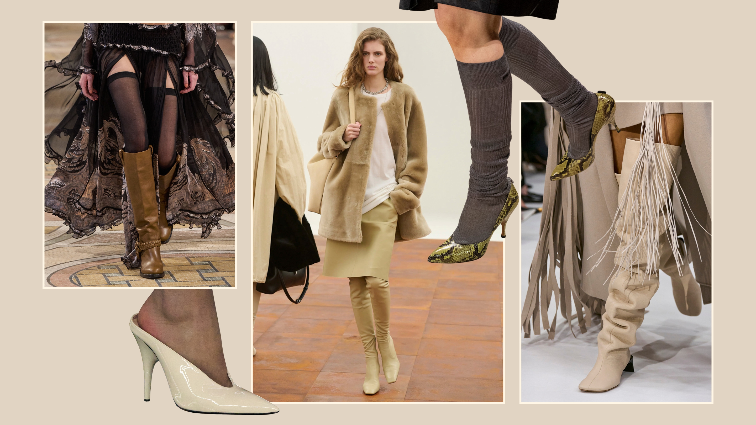 A collage of shoe trends, including Zimmermann, Gucci, Toteme, Miu Miu, Sportmax.