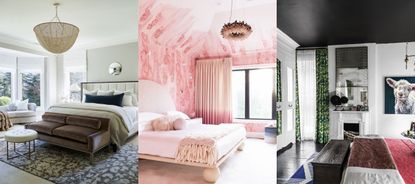 Three example of bedroom ceiling ideas, modern bedroom with large beaded pendant light. Pink bedroom with painted mural on walls and ceiling. Bedroom with black painted ceiling.