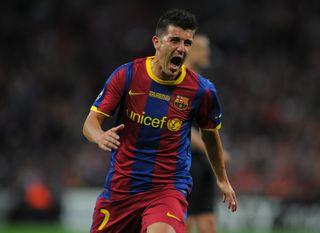 David Villa celebrates his goal for Barcelona against Manchester United in the 2011 Champions League final.