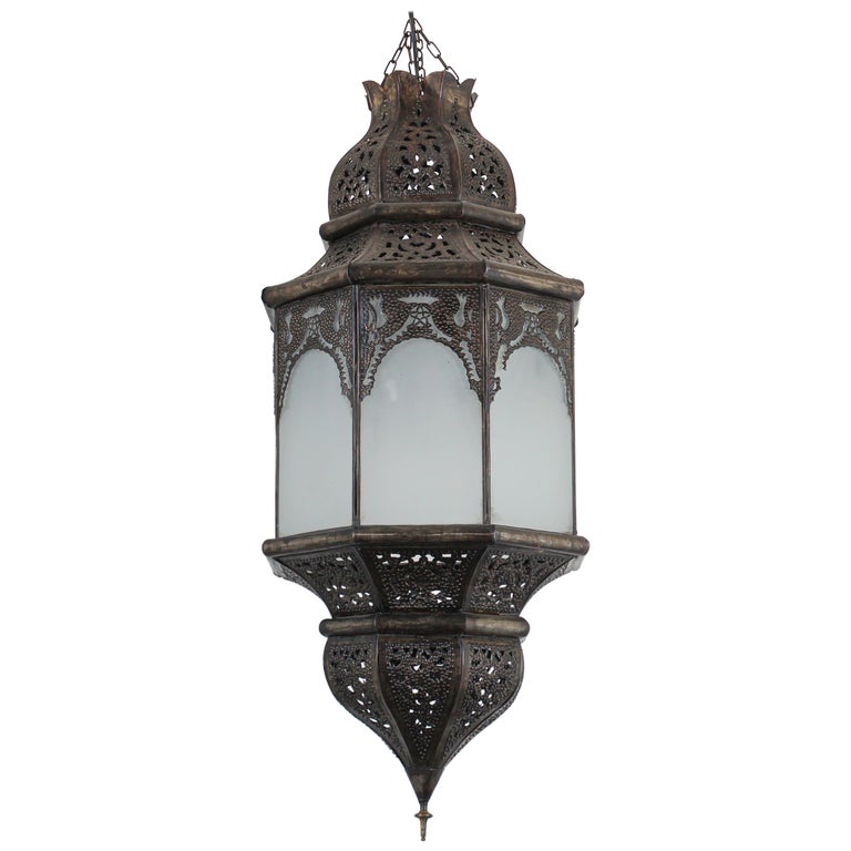 Moroccan Moorish Hanging Metal Lantern With Milky Glass