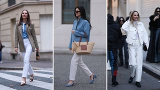 Three street style outfits including white jeans with double denim