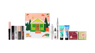 Benefit Cosmetics beauty advent calendar with products lined up alongside it