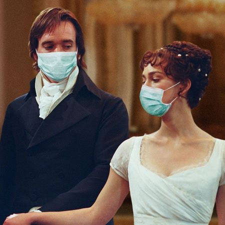 Jane Austen characters wearing surgical masks.