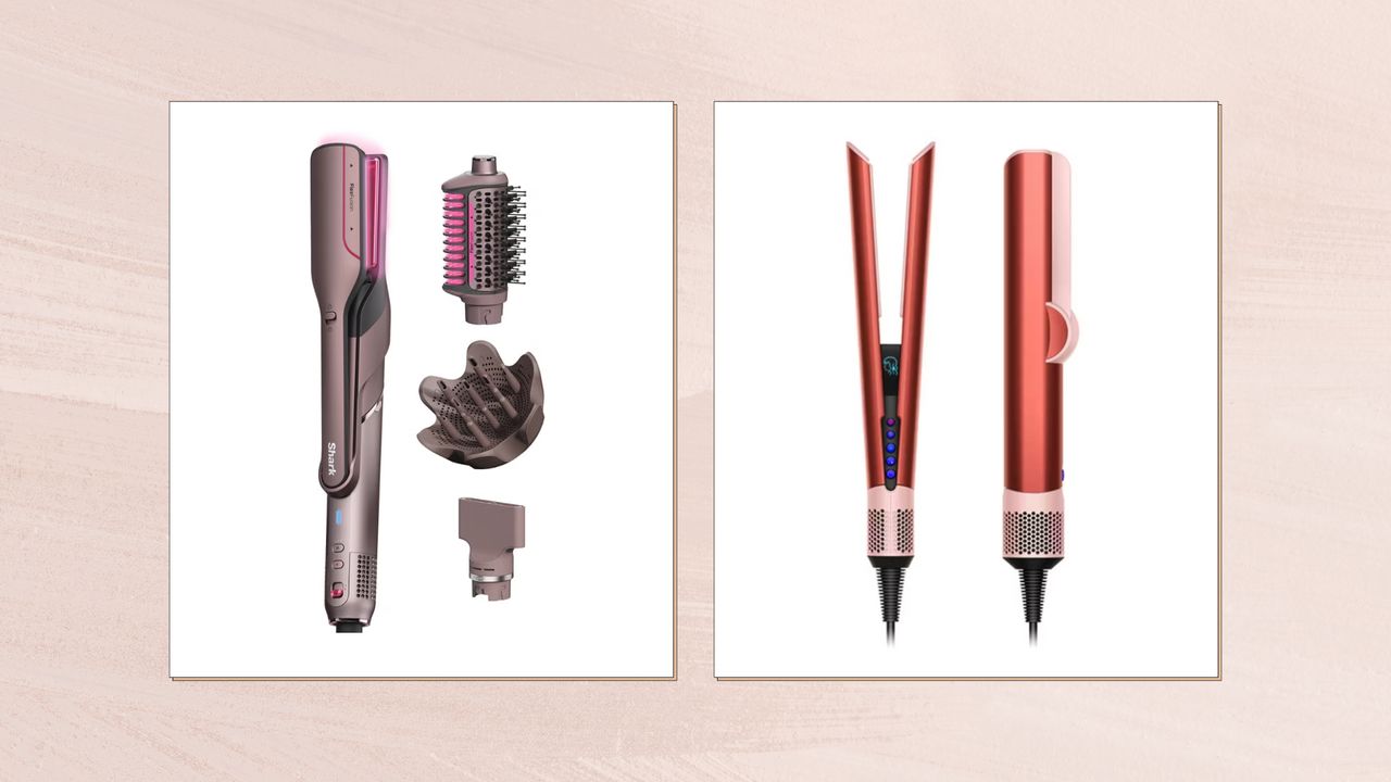 Two adjacent images showing the Shark FlexFusion Straight (left) and Dyson Airstrait (right) in white boxes set against a dusky pink watercolour background 