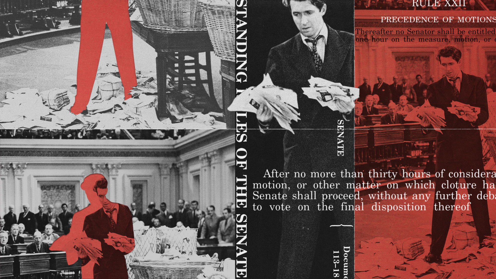 Photo composite illustration of James Stewart filibustering in a scene from Mr Smith Goes To Washington