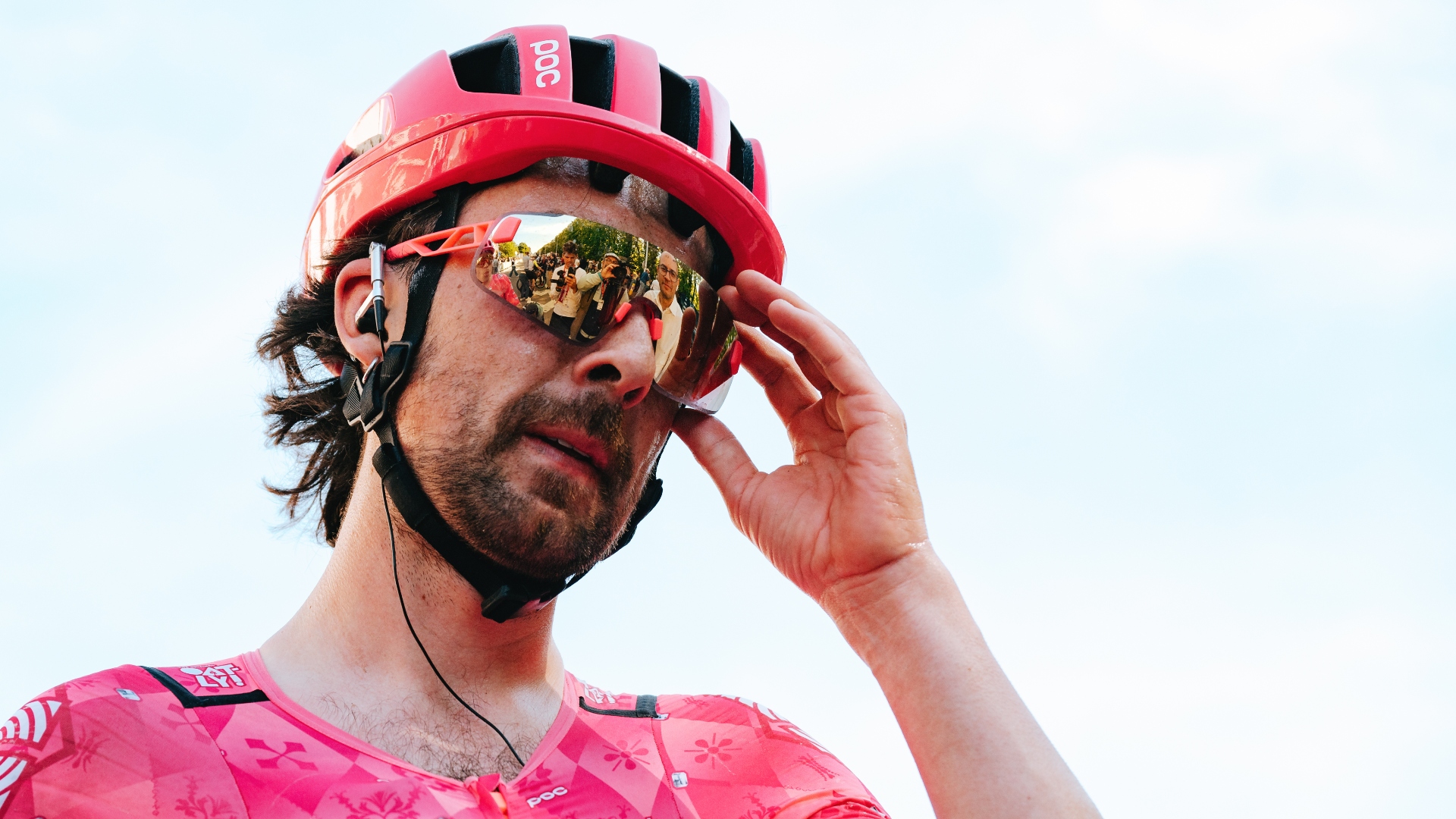 Poc's Cytal helmet and Elicit Toric sunglasses worn by an EF Education rider
