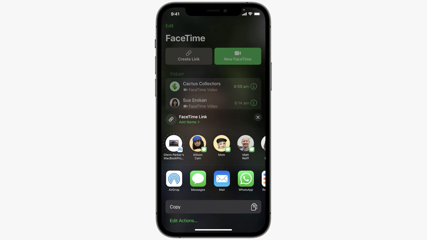 iPhone menampilkan opsi panggilan FaceTime