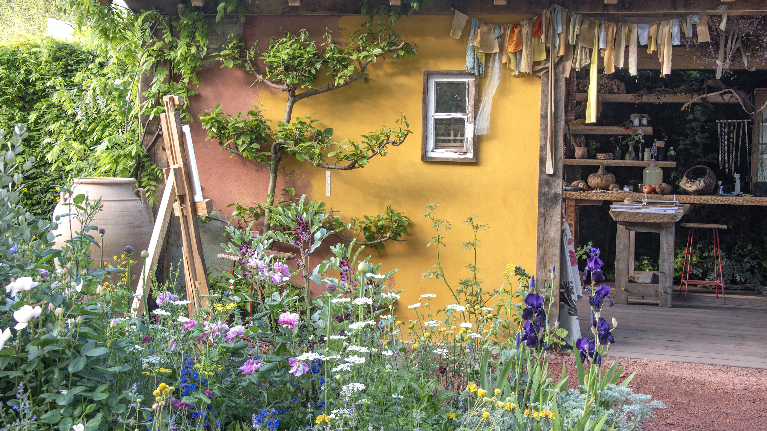 A yellow workshop with a herbaceous border in full bloom in front and a trained shrub up the side