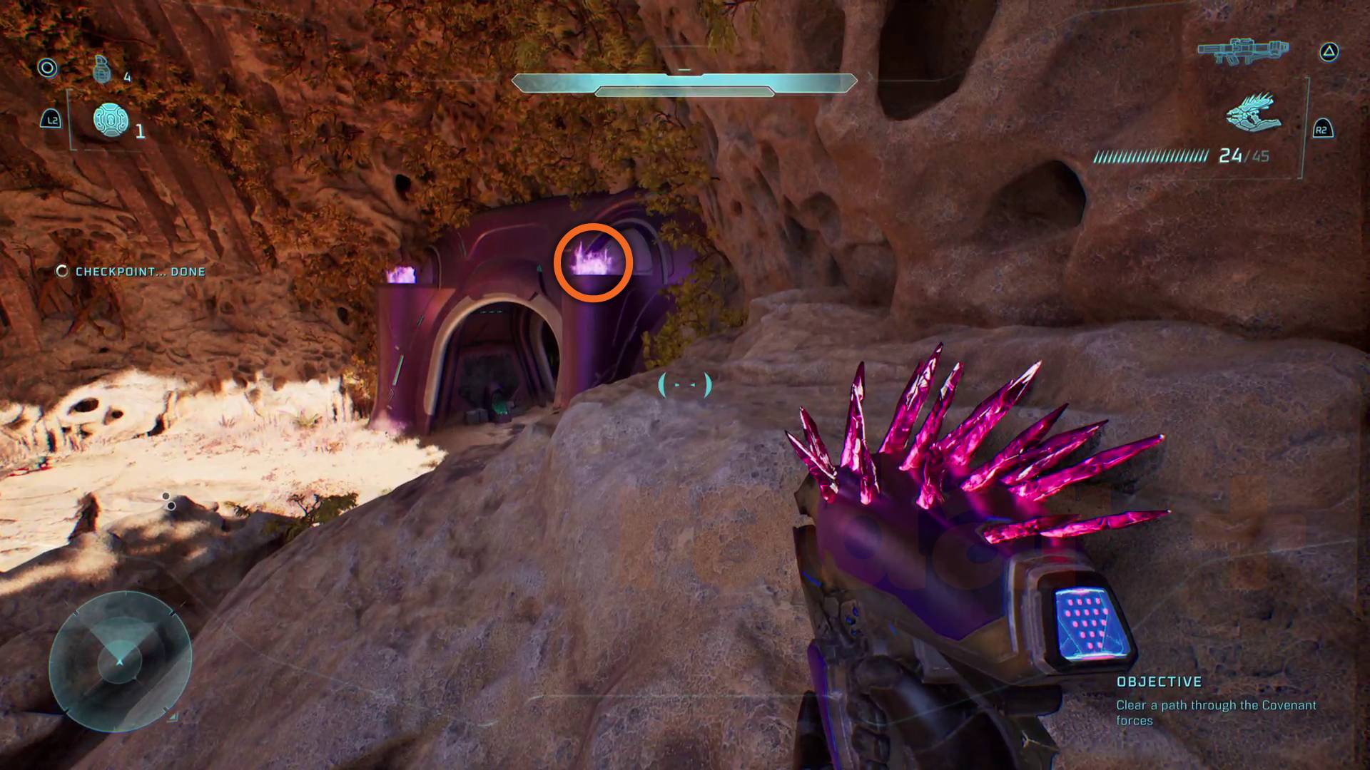 Halo Campaign Evolved Ghost Skull in purple fire brazier above doorway in The Most Dangerous Game