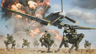 Battlefield 2042: airplanes fly over armorized robot dogs as flames fill the sky in the background