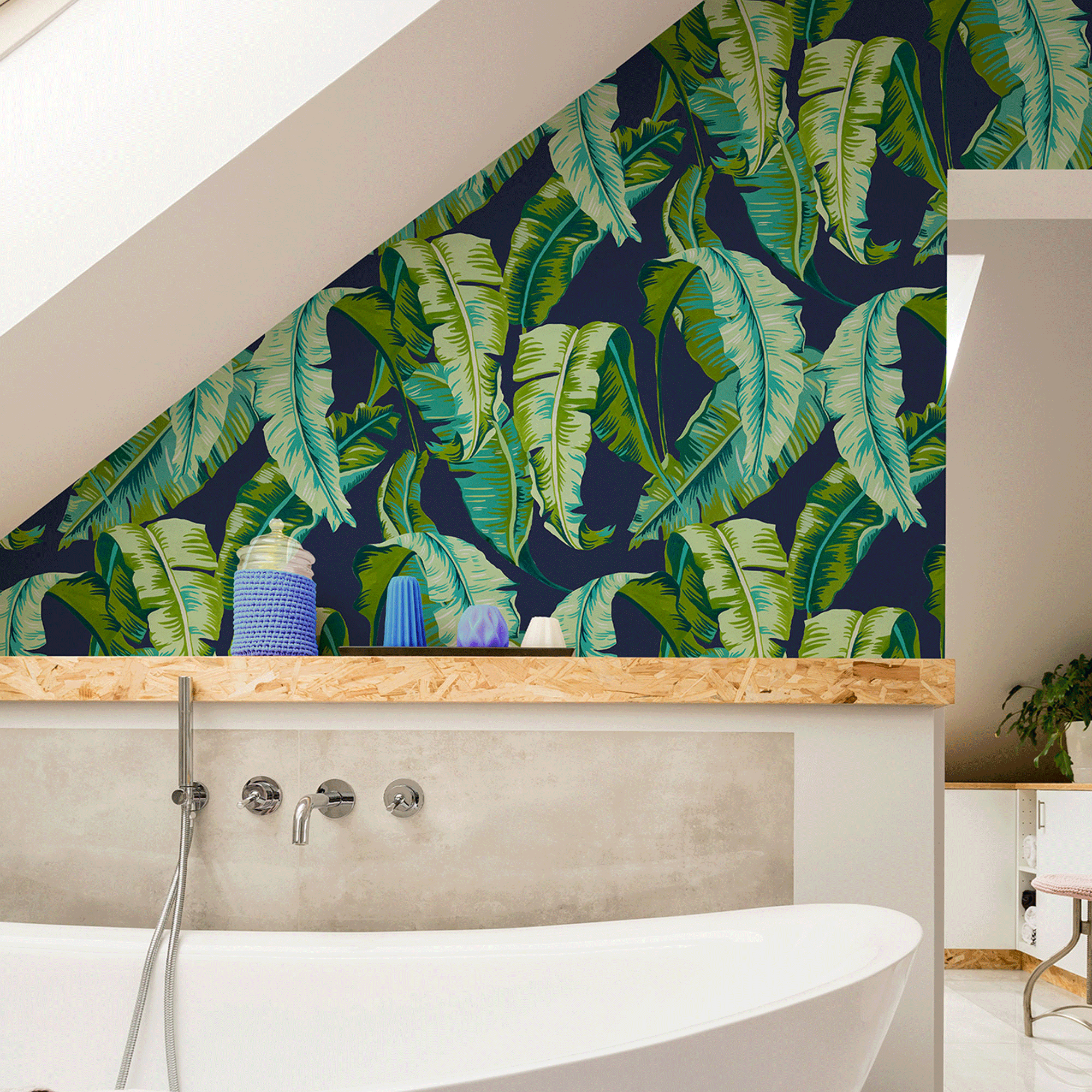Wallpaper bathroom over bath