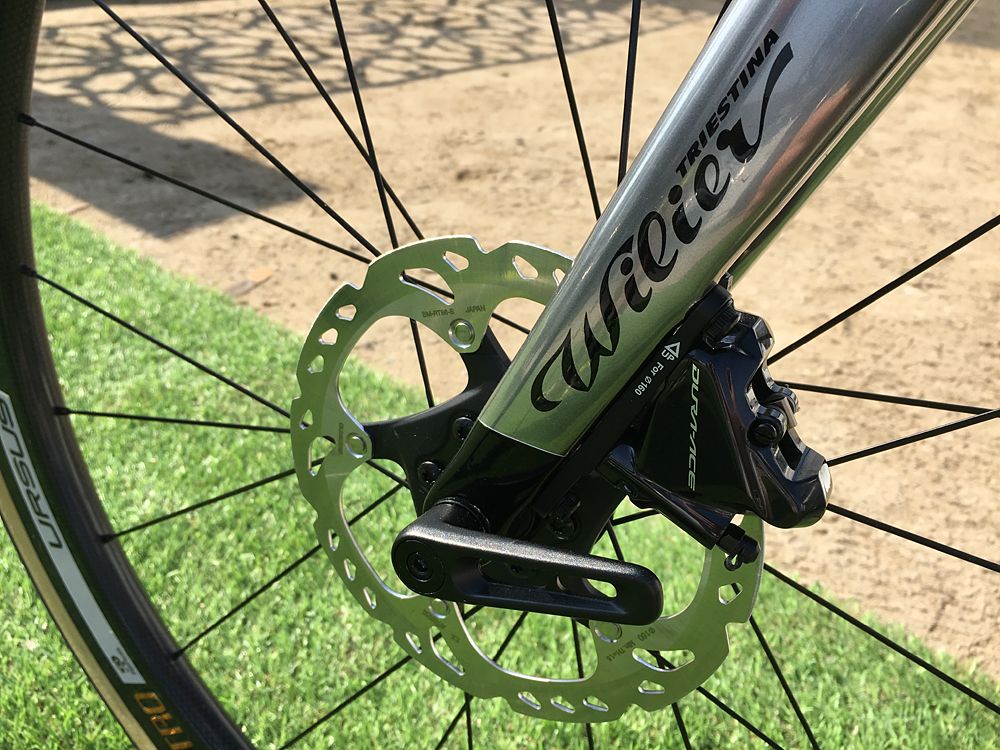 The front disc brake and thru-axel on Pozzato&rsquo;s Wilier Triestina