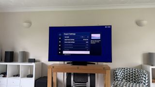 The 65-inch Samsung S95C TV pictured on a wooden stand in a living room. On the screen is Expert Settings menu.