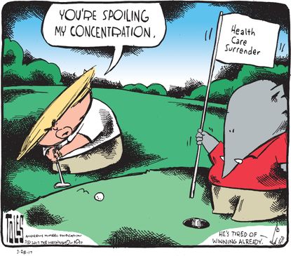 Political Cartoon U.S. President Trump golfing White House ignores health care failure