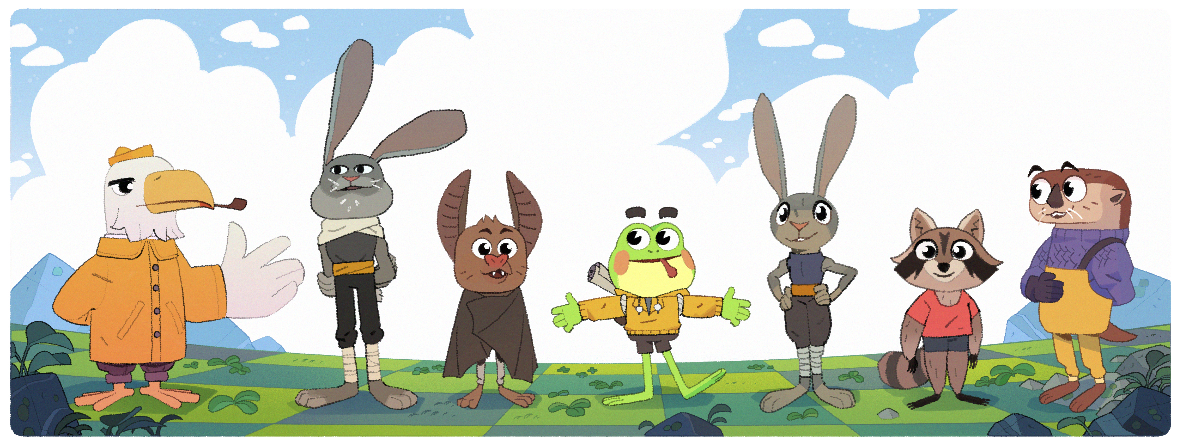 Cartoon animals stand in a line