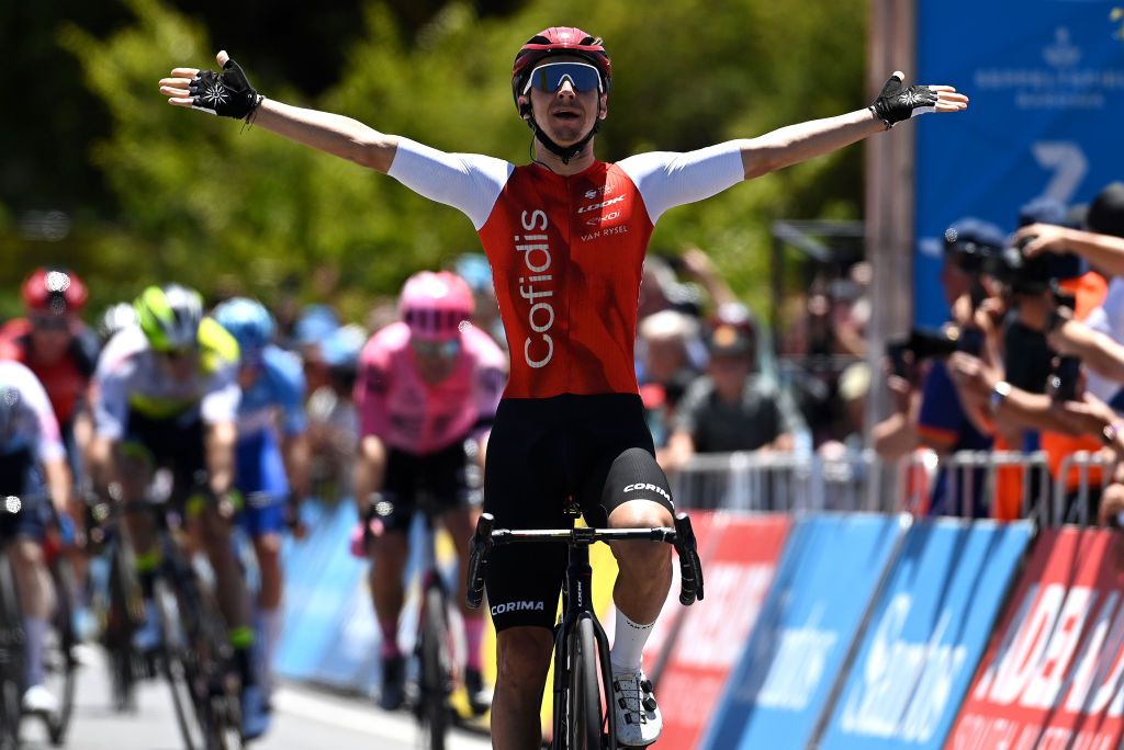 Bryan Coquard (Cofidis) celebrates a stage victory at the 2023 Tour Down Under