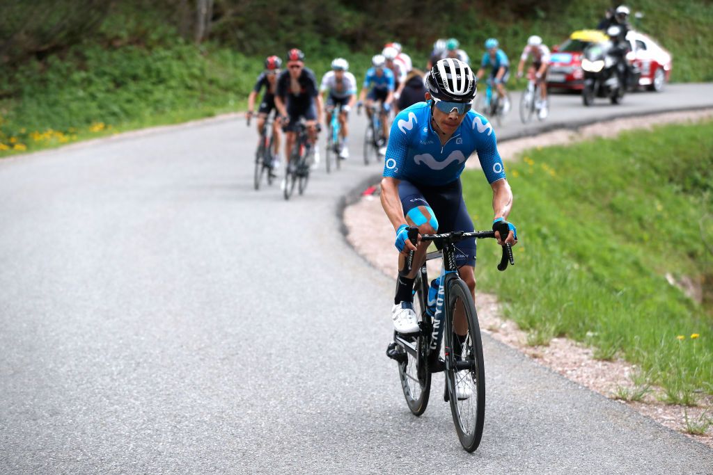 LES GETS FRANCE JUNE 06 Miguel ngel Lpez Moreno of Colombia and Movistar Team attack in breakaway during the 73rd Critrium du Dauphin 2021 Stage 8 a 147km stage from La LchreLesBains to Les Gets 1160m UCIworldtour Dauphin dauphine on June 06 2021 in Les Gets France Photo by Bas CzerwinskiGetty Images