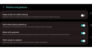A gestures settings screen on a Samsung phone