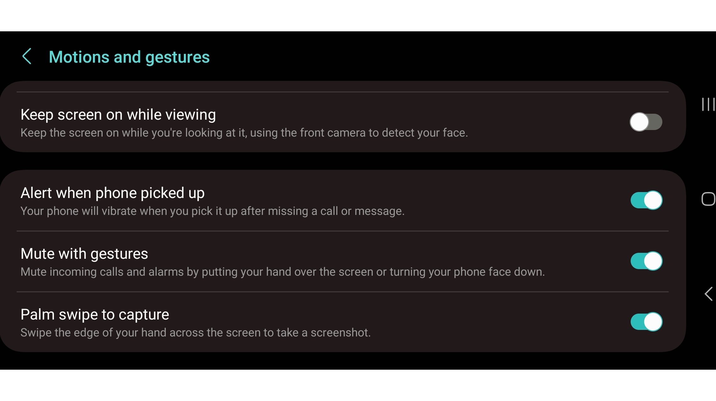 Écran de paramétrage des gestes sur un téléphone Samsung