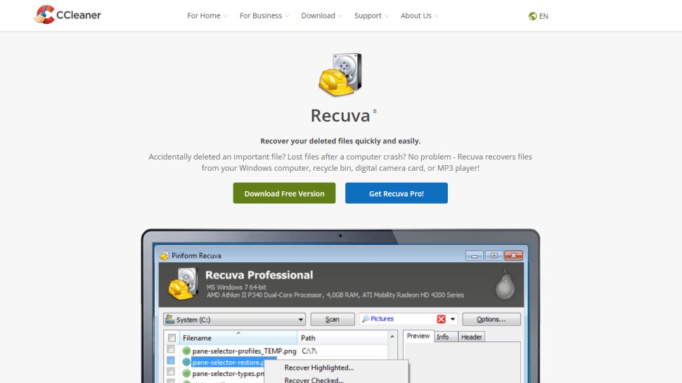 Website screenshot for Recuva