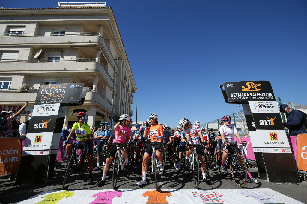 COCENTAINA SPAIN FEBRUARY 18 LR Sandra Alonso Dominguez of Spain and Ceratizit WNT Pro Cycling Team yellow best Valencian rider Pink Points Jersey Elisa Balsamo of Italy and Team Trek Segafredo orange leader jersey Erica Magnaldi of Italy and UAE Team polka dot mountain jersey and Silvia Zanardi of Italy and Team Bepink white best young jersey prior to the 6th Setmana Ciclista Valenciana Vuelta Comunidad Valenciana Feminas 2022 Stage 2 a 117km stage from Altea to Cocentaina 450m VoltaCVFemines22 on February 18 2022 in Cocentaina Spain Photo by Gonzalo Arroyo MorenoGetty Images