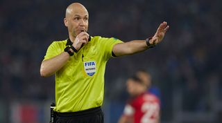 Referee Anthony Taylor blows his whistle during the 2022 FIFA World Cup Qualifier match between Italy and Switzerland at Olimpico Stadium on November 12, 2021 in Rome, Italy.
