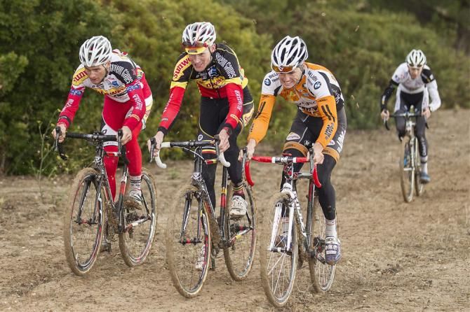 Jim Aernouts, Klaas Vantornout and Angelo De Clercq (L-R) in the midst of a cyclo-cross session at the Sunweb-Napeleon Games training camp