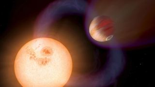 A hot Jupiter exoplanet orbiting close to its red dwarf host star as their magnetic fields interact. 