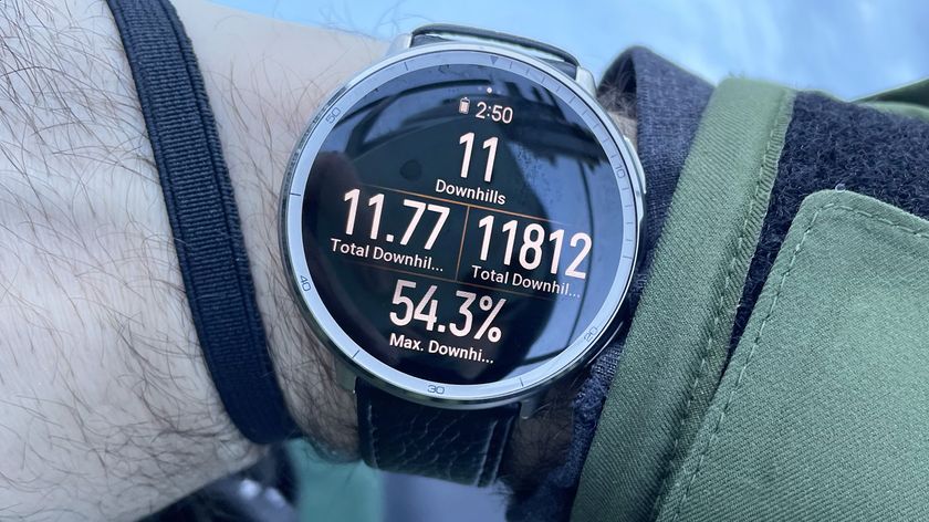 Close-up of the Amazfit Active 2 on a user&#039;s wrist while tracking a day of snowboarding